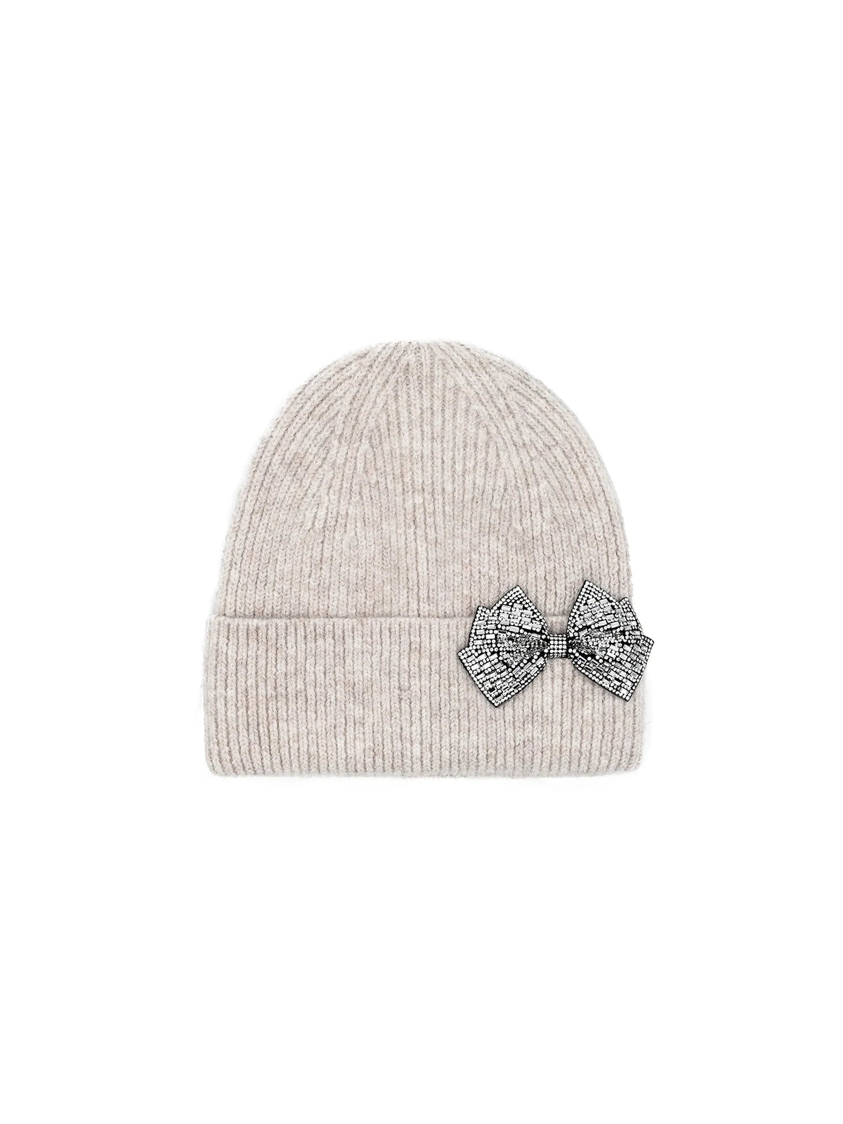 Rhinestone Bow Cuffed Knit Beanie Oatmeal