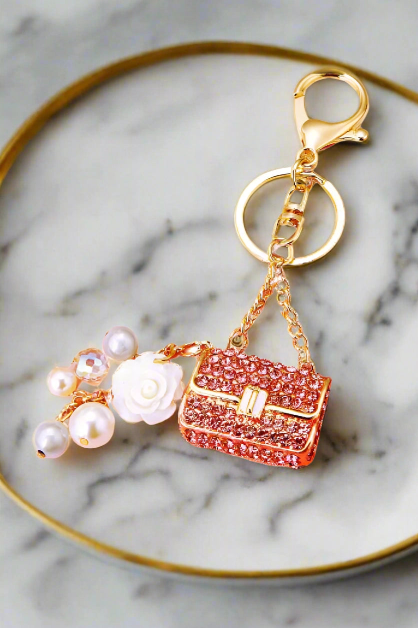 pink rhinestone handbag purse charm keychain