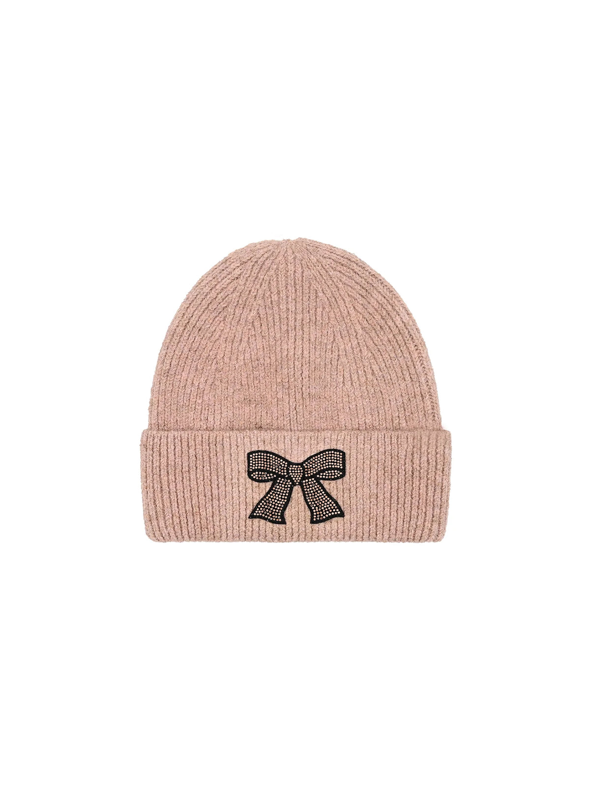 Rhinestone Ribbon Bow Embellishment Cuffed Knit Beanie Dusty Rose