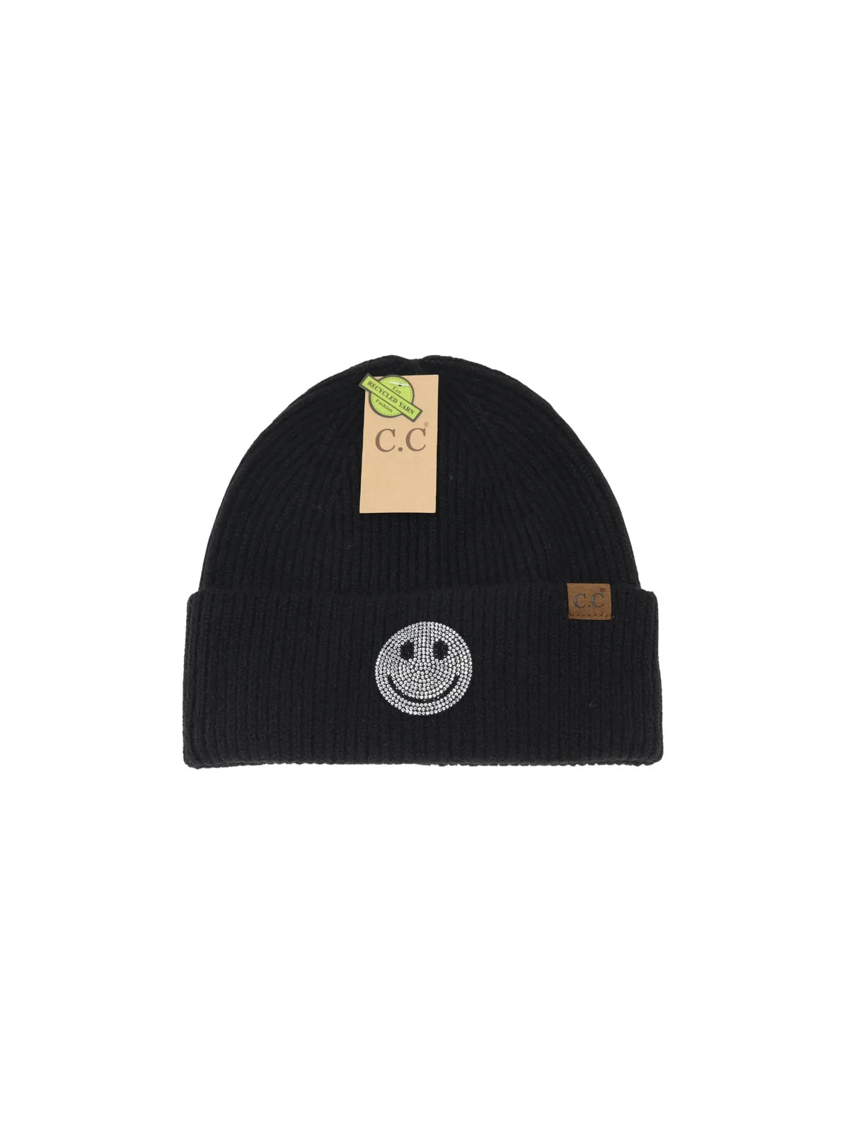 Rhinestone Smiley Face Cuff Beanie Black