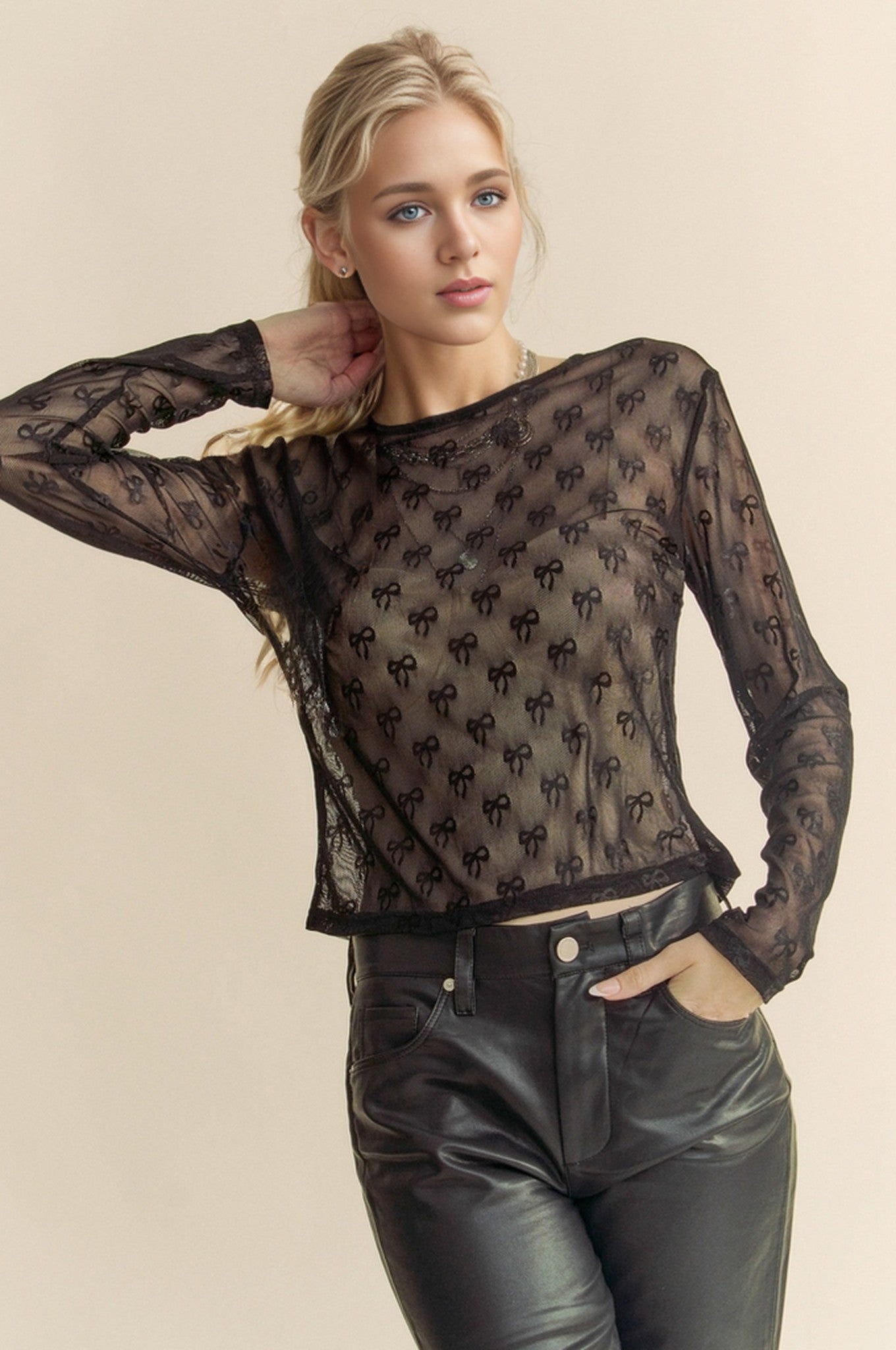 Black mesh embroidered top online