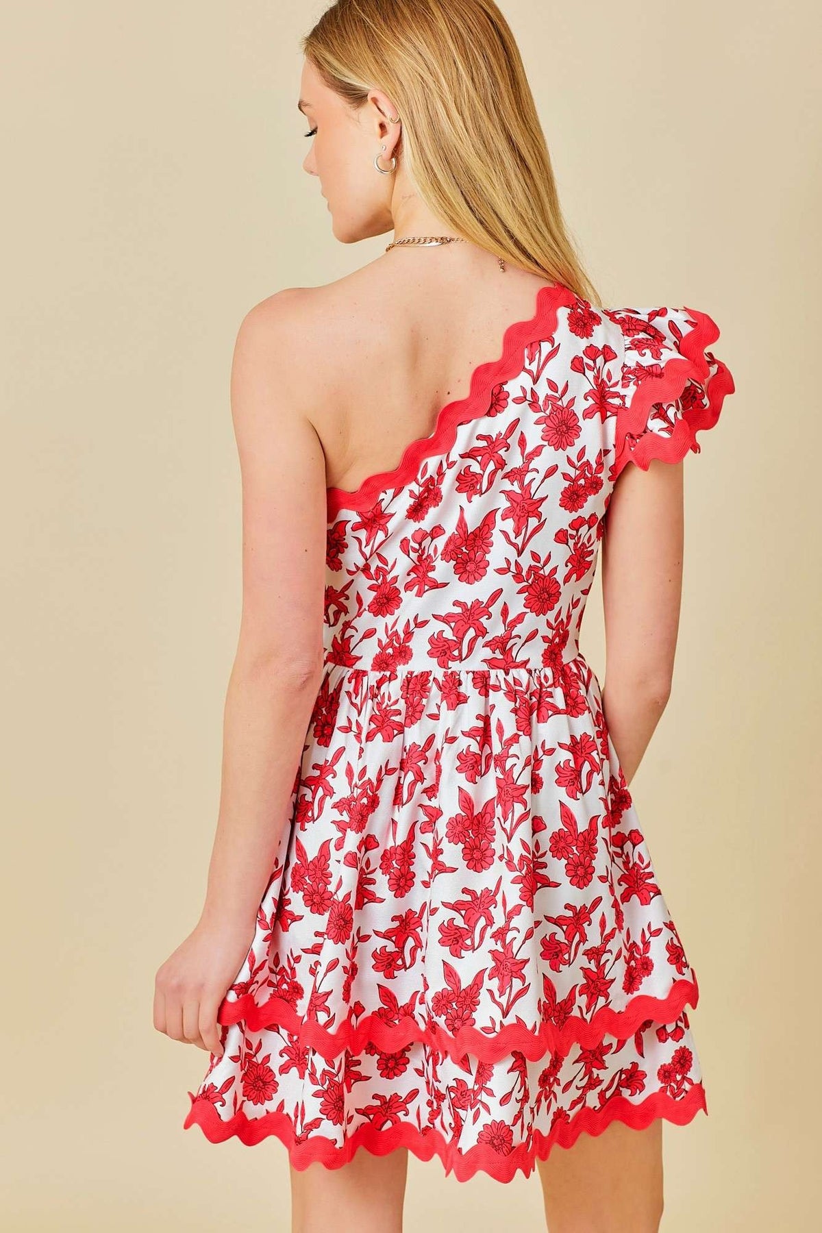 ric rac trim floral print one shoulder mini dress in white and red-back