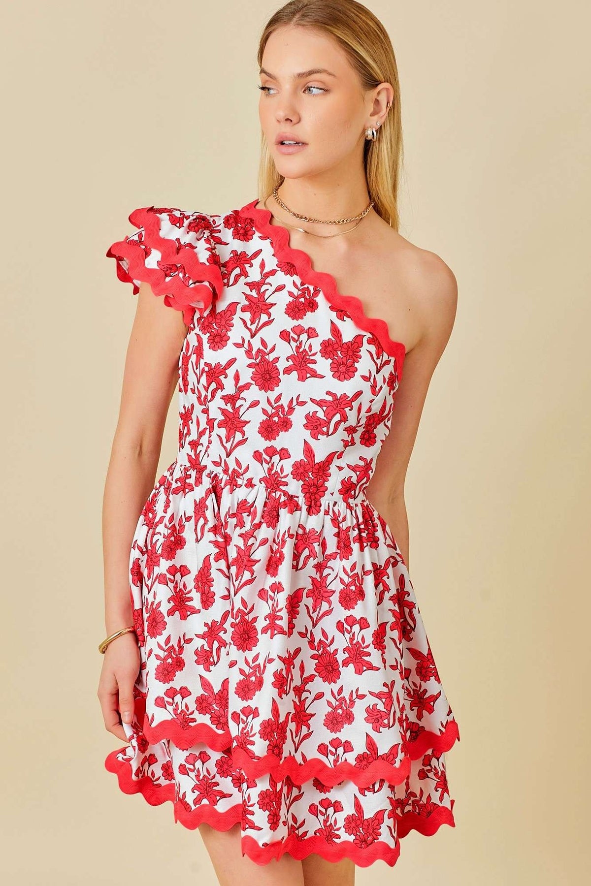 ric rac trim floral print one shoulder mini dress in white and red-front