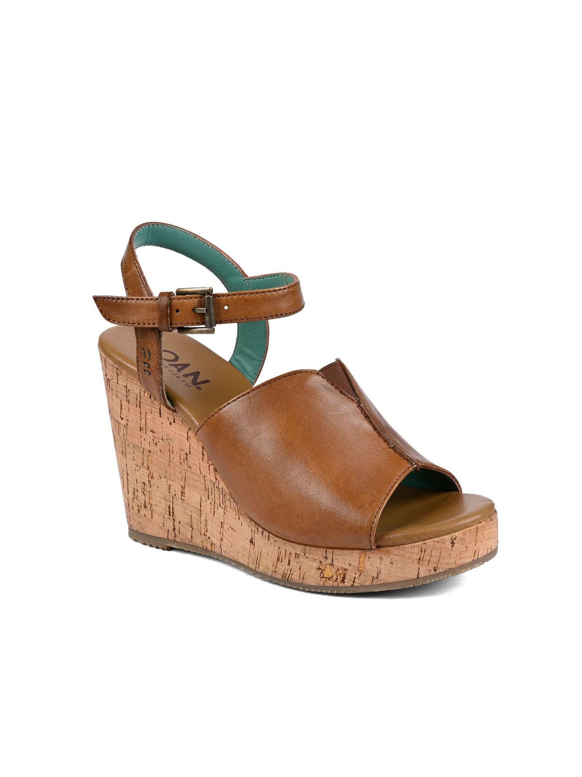 roan deduction cork wedge sandals in tan-angled view
