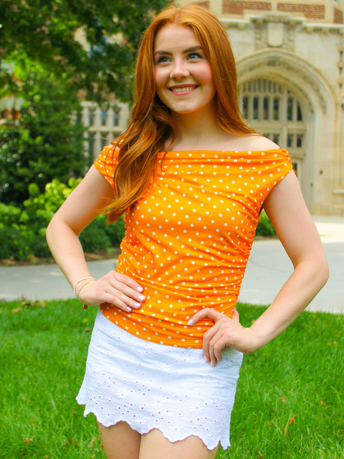 Rocky Top Polka Dot Top orange white