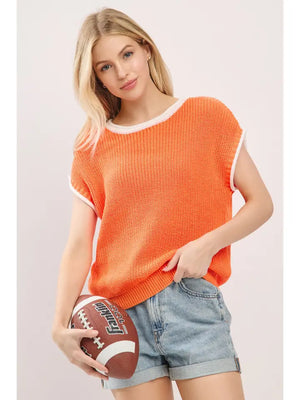 Rocky Top Rolled Sleeve Contrast Trim Knit Top
