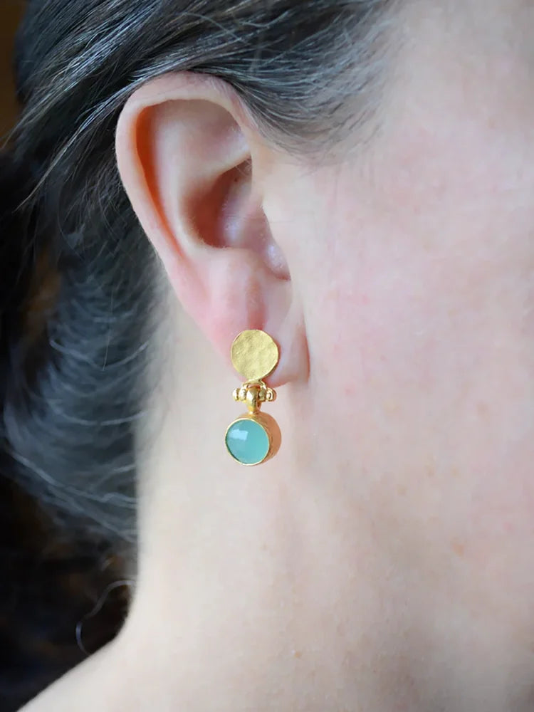 AJS Design Studio Aqua Chalcedony Round Dangle Hammered Post Earrings Gold-Plated