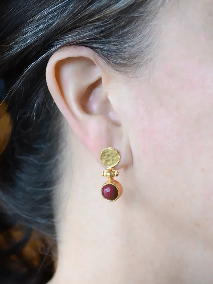 AJS Design Studio Ruby Quartz Round Dangle Hammered Post Earrings Gold-Plated