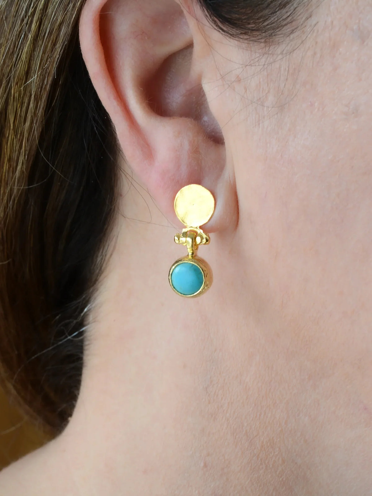 AJS Design Studio Turquoise Round Dangle Hammered Post Earrings Gold-Plated