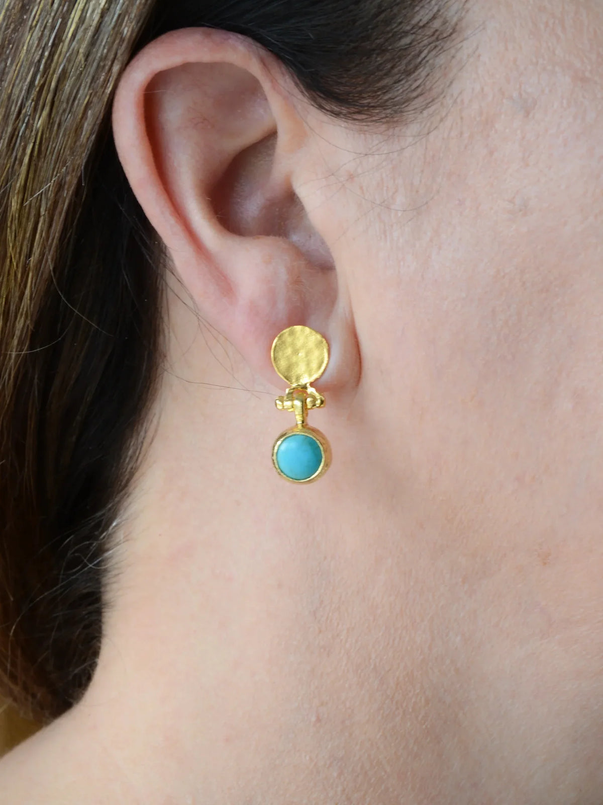 AJS Design Studio Turquoise Round Dangle Hammered Post Earrings Gold-Plated