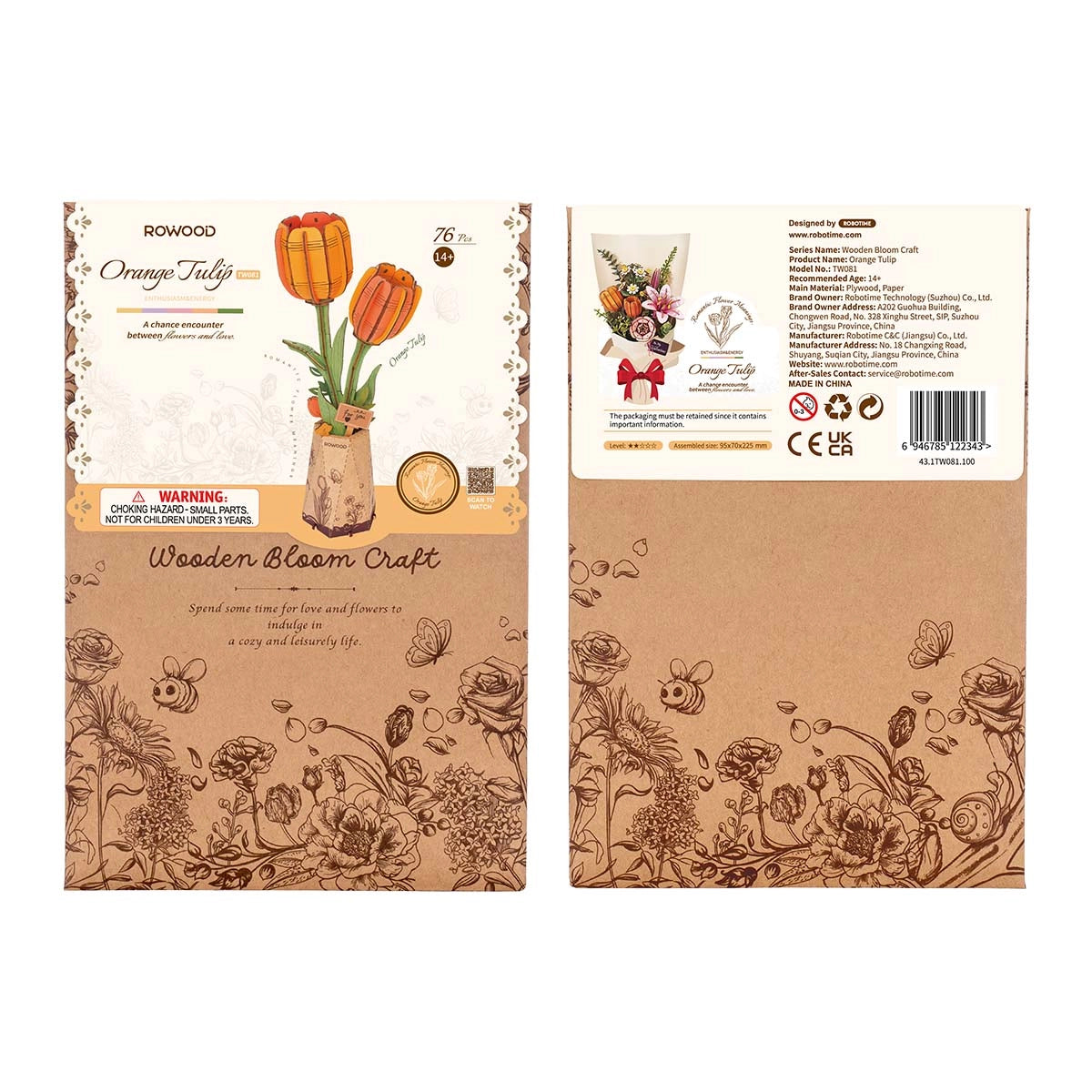 Rowood Orange Tulip 3D Wooden Flower Puzzle