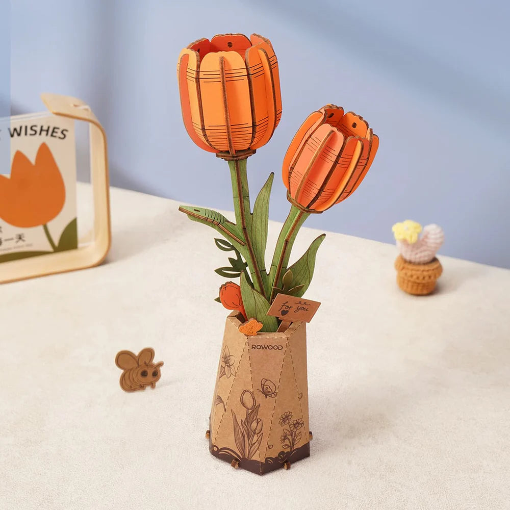 Rowood Orange Tulip 3D Wooden Flower Puzzle