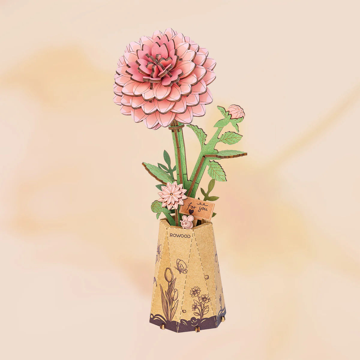 Rowood Pink Dahlia 3D Wooden Flower Puzzle