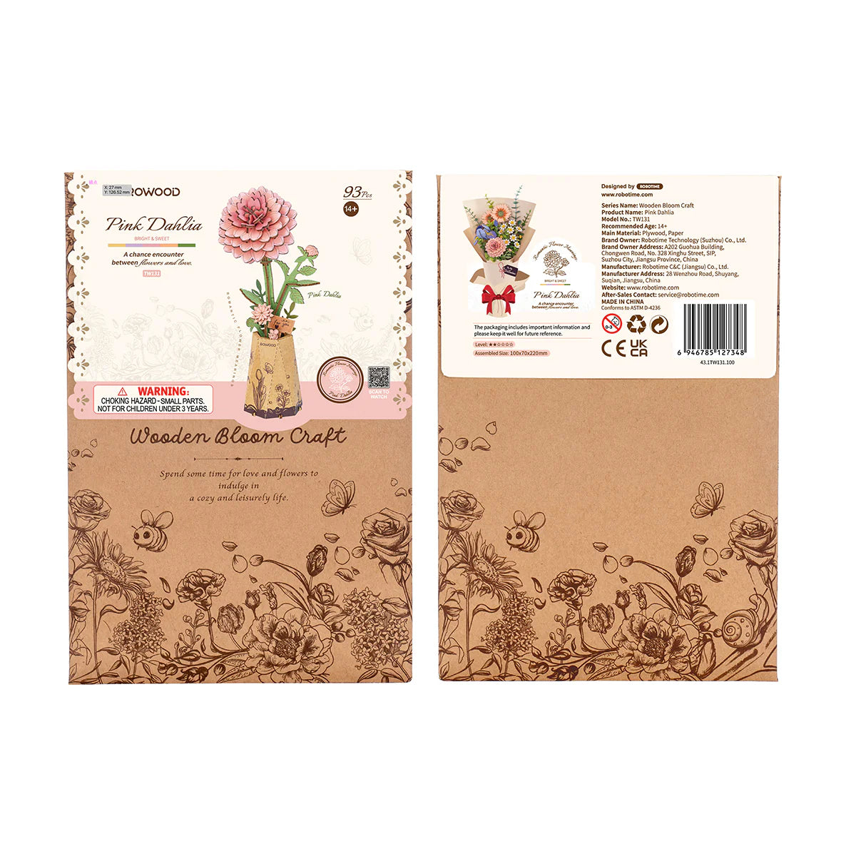 Rowood Pink Dahlia 3D Wooden Flower Puzzle