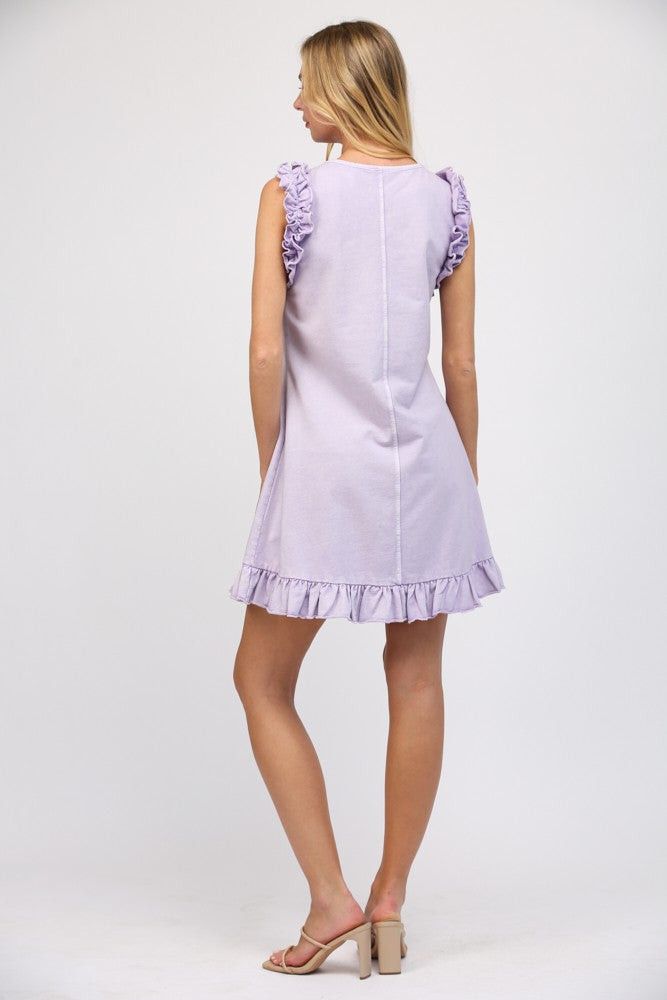 ruffle detailed french terry casual mini dress in lilac-back