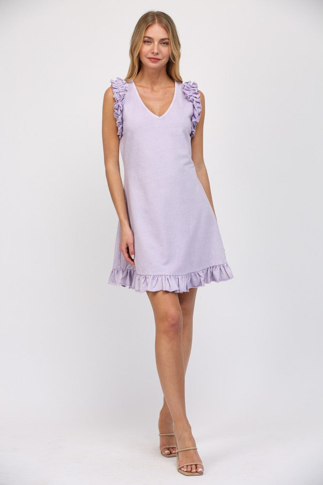 ruffle detailed french terry casual mini dress in lilac-front