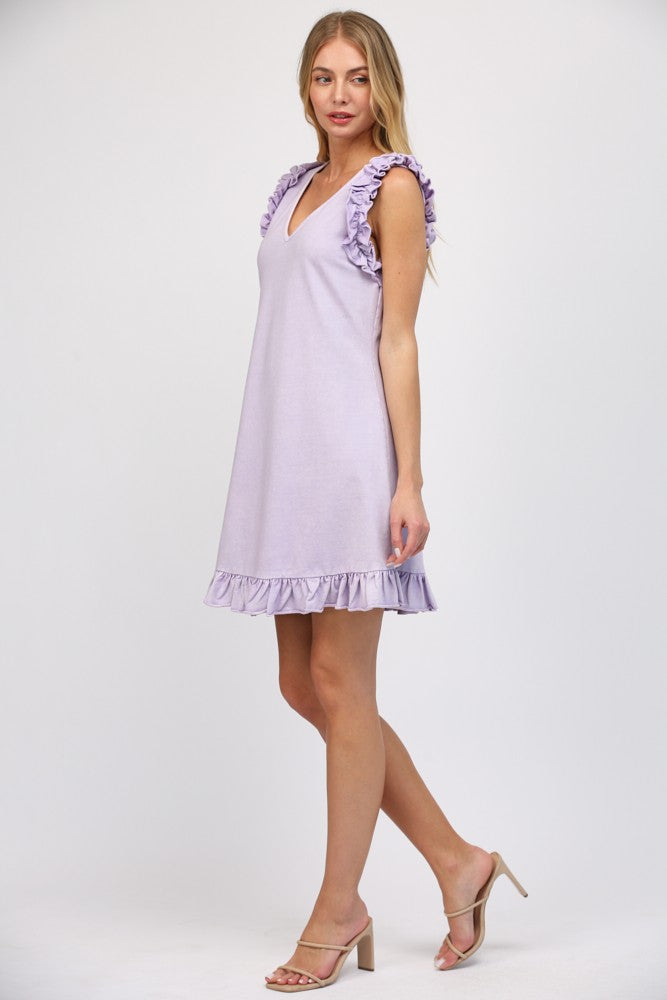 ruffle detailed french terry casual mini dress in lilac-side
