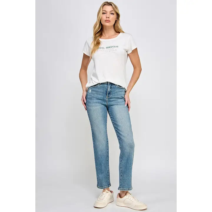 Saige Denim High Rise Tummy Control Slim Straight Jeans