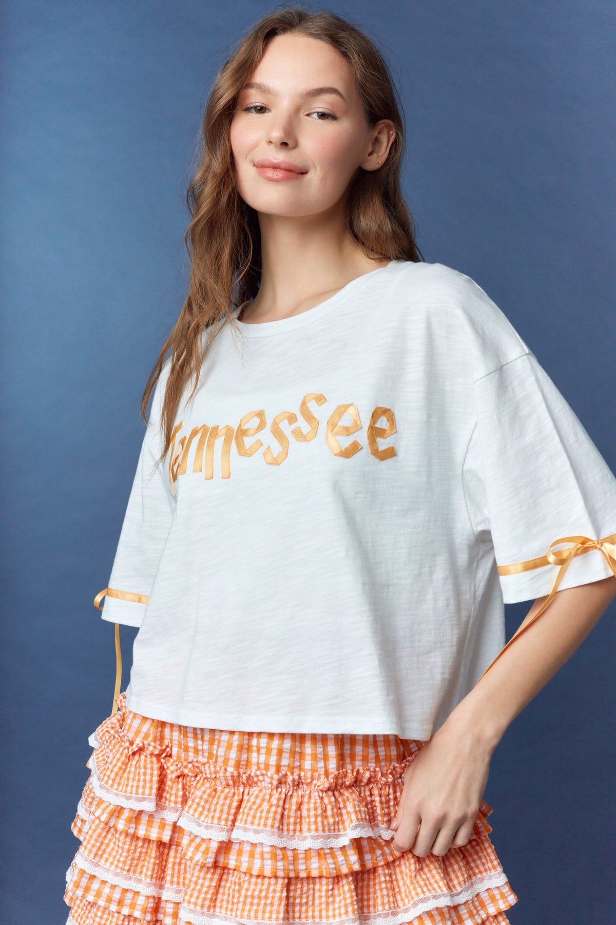Tennessee Ribbon Tee in white and orange