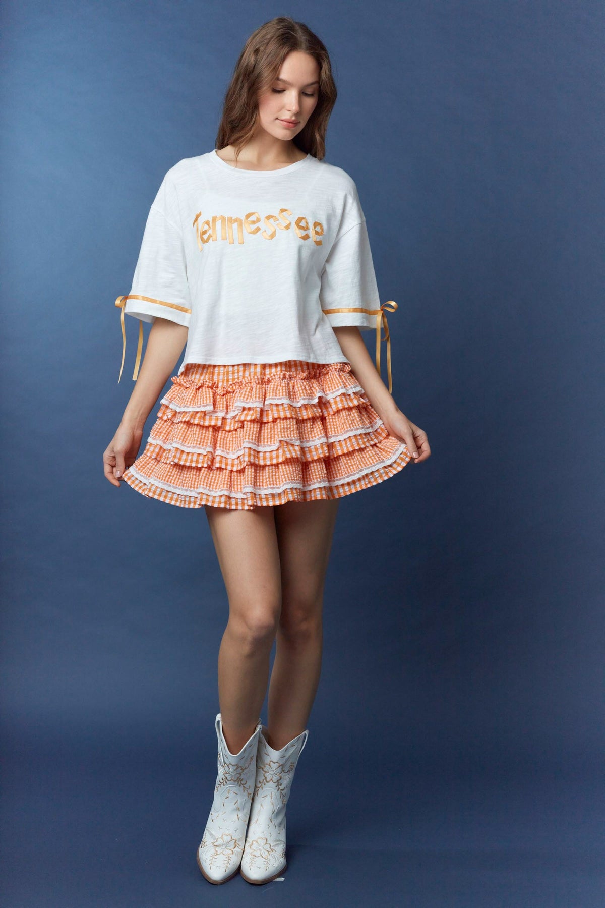 Tennessee Ribbon Tee in white and orange