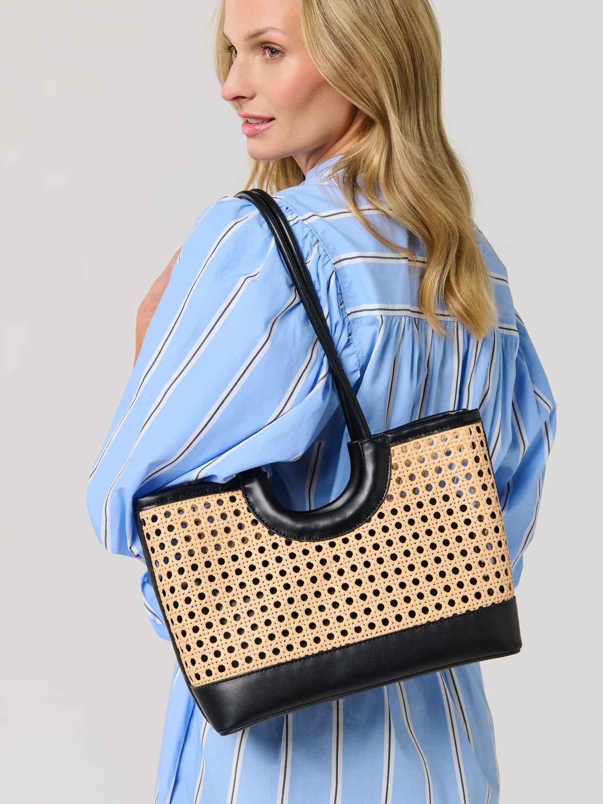 Shiraleah Lyra Mini Rattan Caned Tote Bag Black