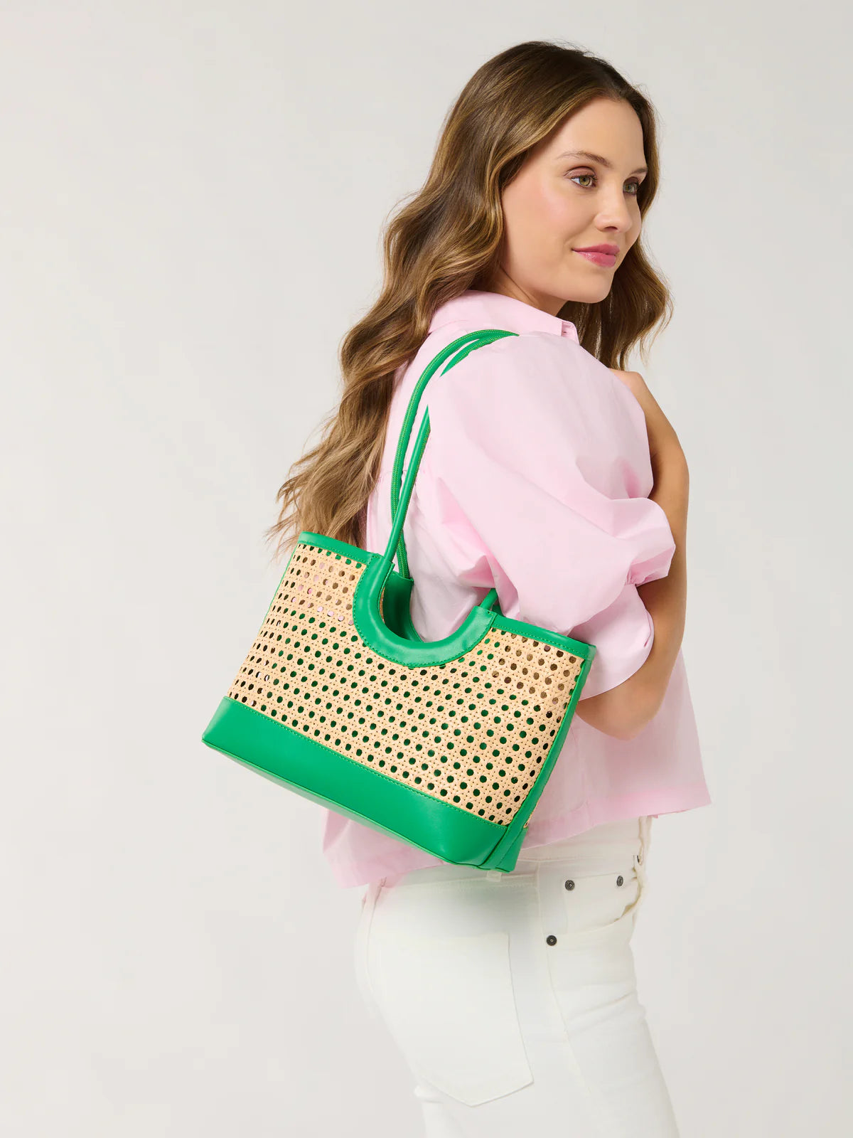 Shiraleah Lyra Mini Rattan Caned Tote Bag Green