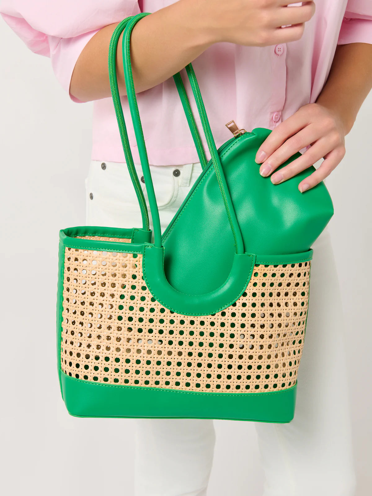 Shiraleah Lyra Mini Rattan Caned Tote Bag Green