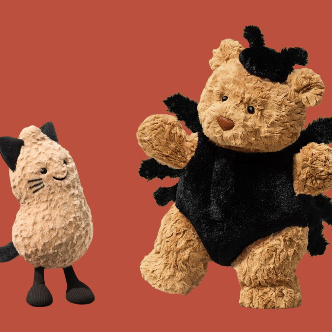 Shop Jellycat London at Bliss Knoxville. Jellycat Amuseables Peanut Cat Outfit & Jellycat Halloween Bartholomew Bear.