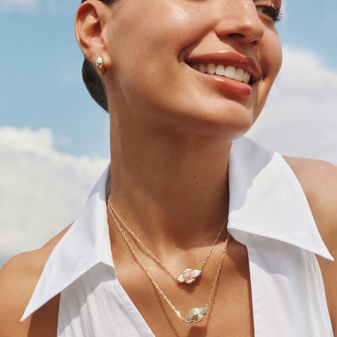 Shop Kendra Scott Jewelry for Summer at Bliss Knoxville. Kendra Scott Abbie Medallion Gold Short Pendant Necklace in Pink Mix.