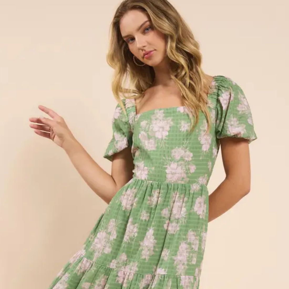 shop spring dresses at bliss knoxville model in green floral tiered dress