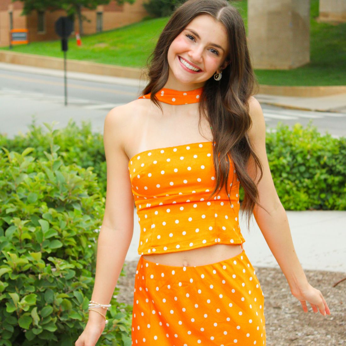 Shop Tennessee Volunteers Gameday Matching Sets at Bliss Knoxville. TN Vols Gameday Fashion Clothing for Women. Orange & White Polka Dot Strapless Top & Midi Skirt Set.