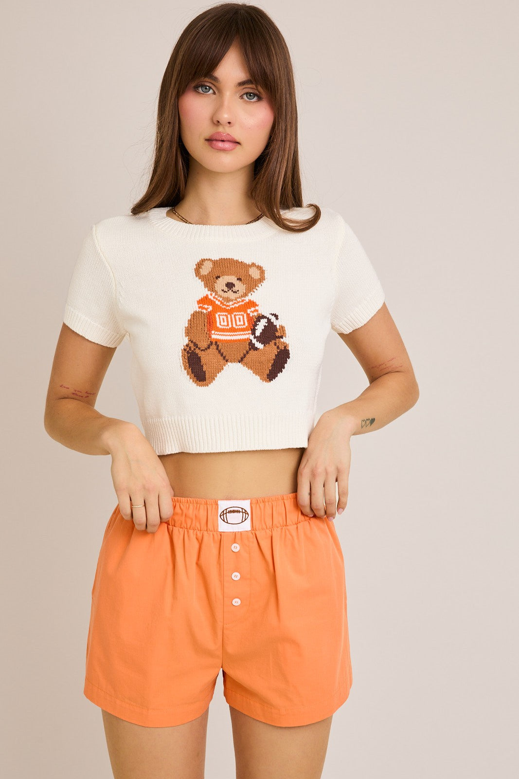 Gameday Teddy Knit Crop Sweater  in white and orange