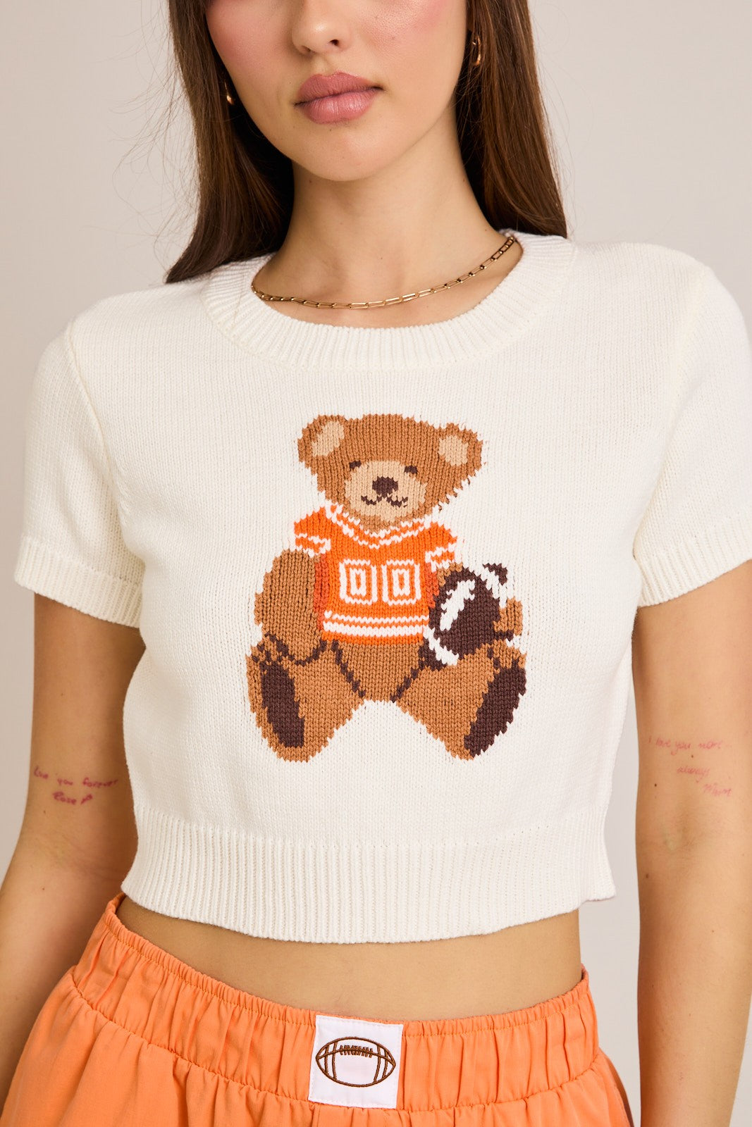 Gameday Teddy Knit Crop Sweater  in white and orange