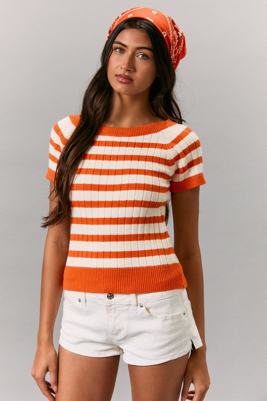 Big Orange Stripe Sweater Top orange white