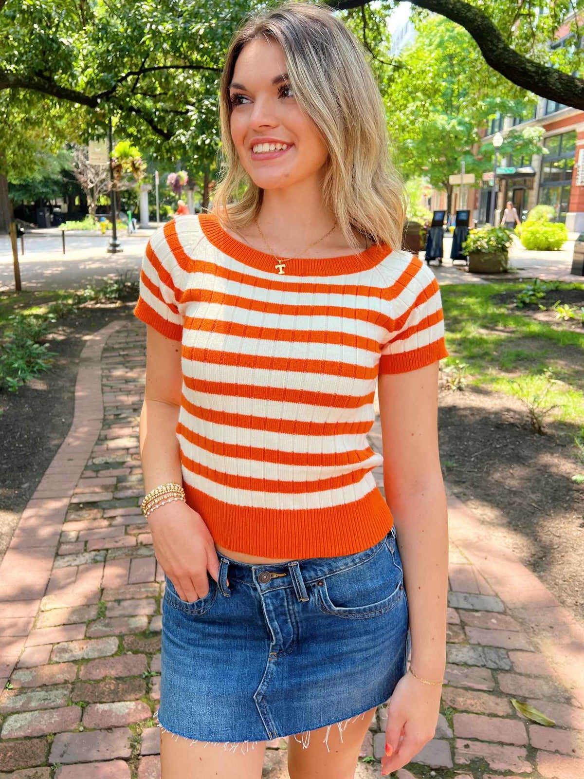 Big Orange Stripe Sweater Top orange white
