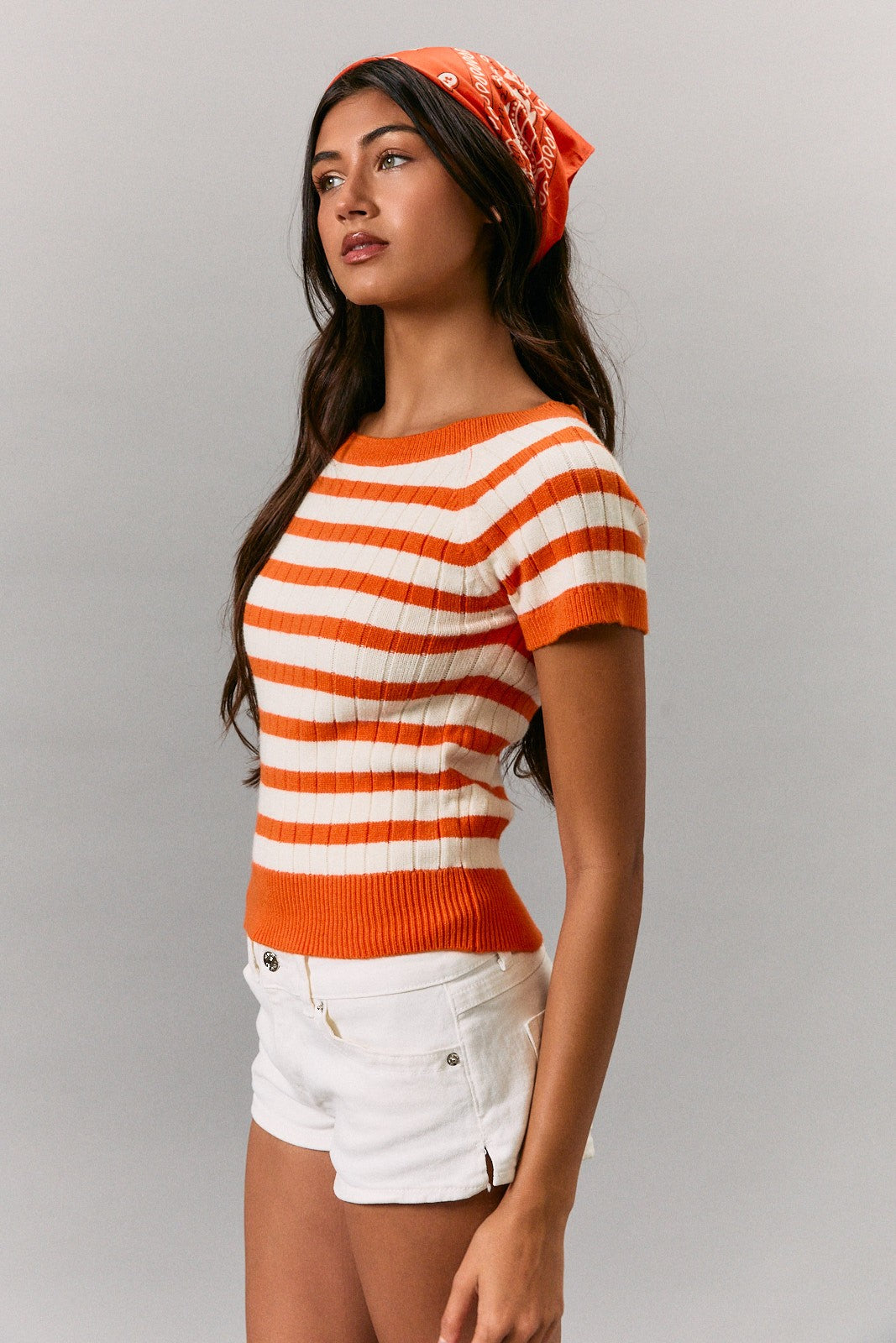 Big Orange Stripe Sweater Top orange white