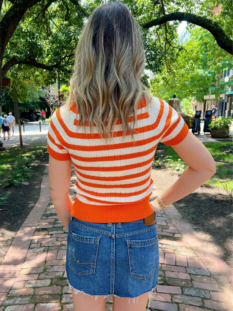 Big Orange Stripe Sweater Top orange white