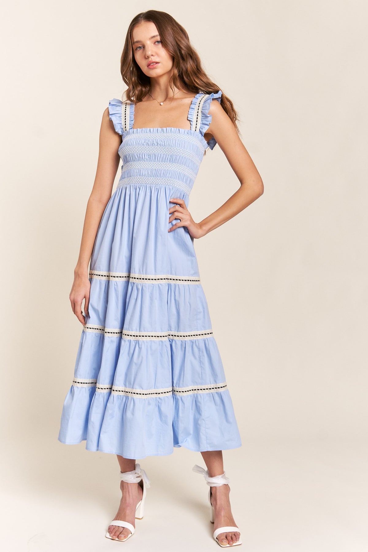 shoulder tie smocked maxi dress in blue-front view