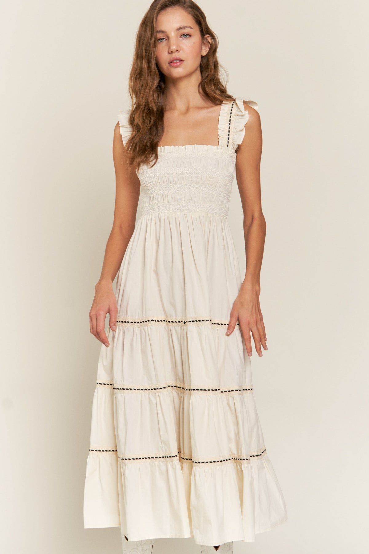 shoulder tie smocked maxi dress in ivory-front view
