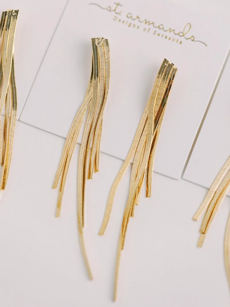 Skinny Gold Cascading Statement Tassel Earrings