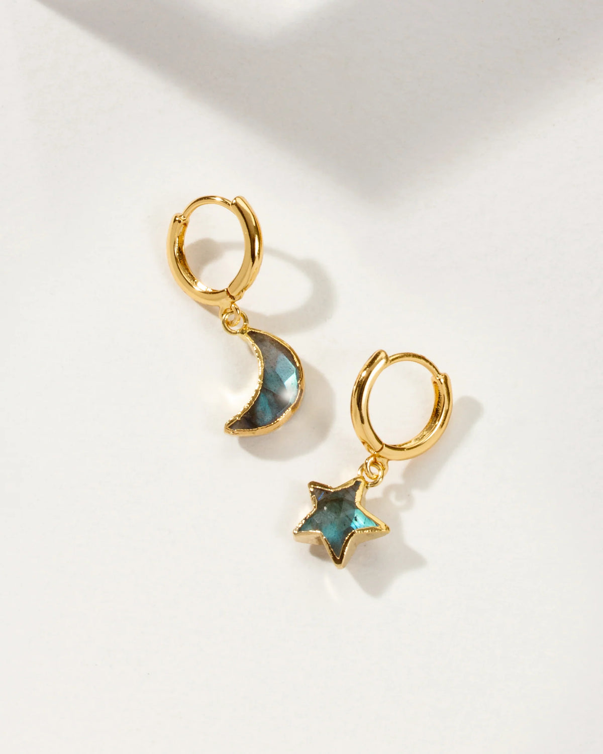 sky gazing mismatched hoop earrings in 14kt gold-plated brass with labradorite gemstones by luna norte jewelry