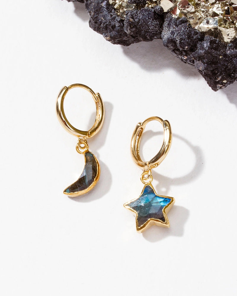 sky gazing mismatched hoop earrings in 14kt gold-plated brass with labradorite gemstones by luna norte jewelry