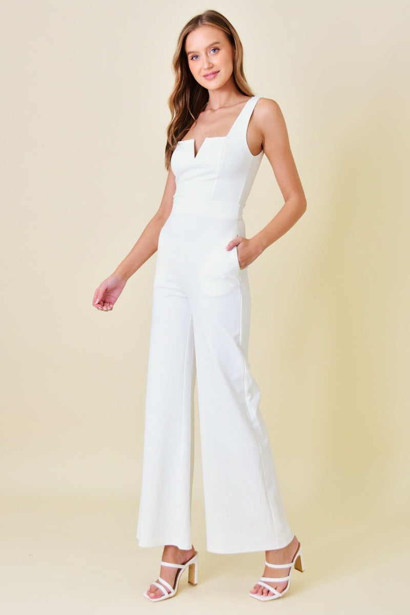 sleeveless fitted jumpsuit with pockets in ivory-side