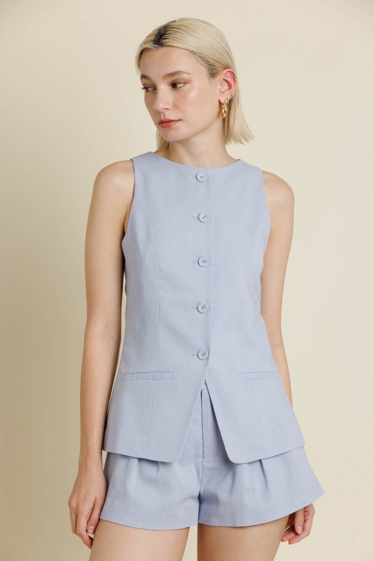 Light Blue Sleeveless Linen Vest & Matching Shorts
