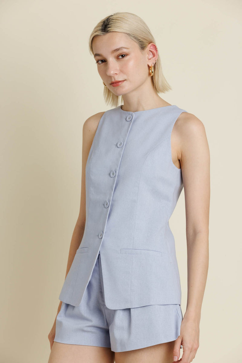 Light Blue Sleeveless Linen Vest & Matching Shorts