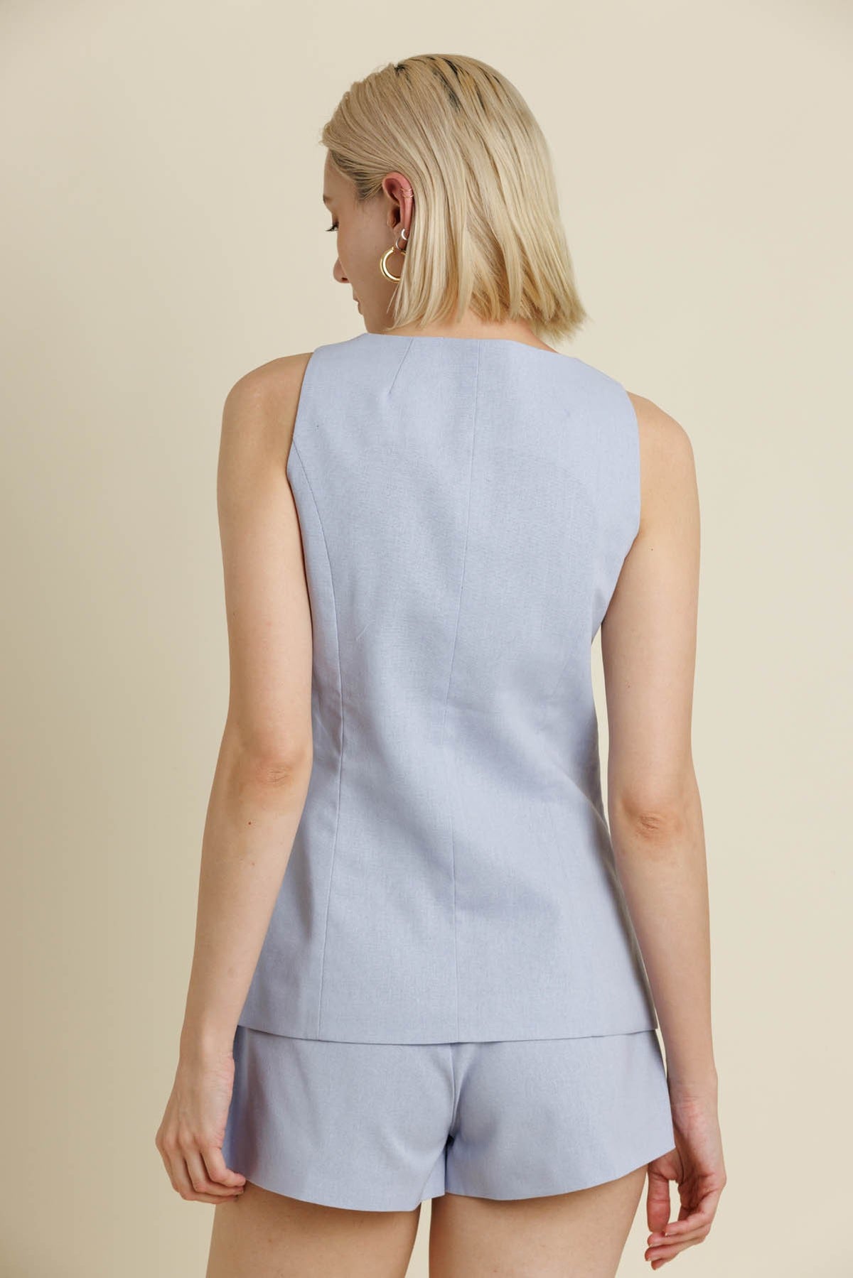 Light Blue Sleeveless Linen Vest & Matching Shorts