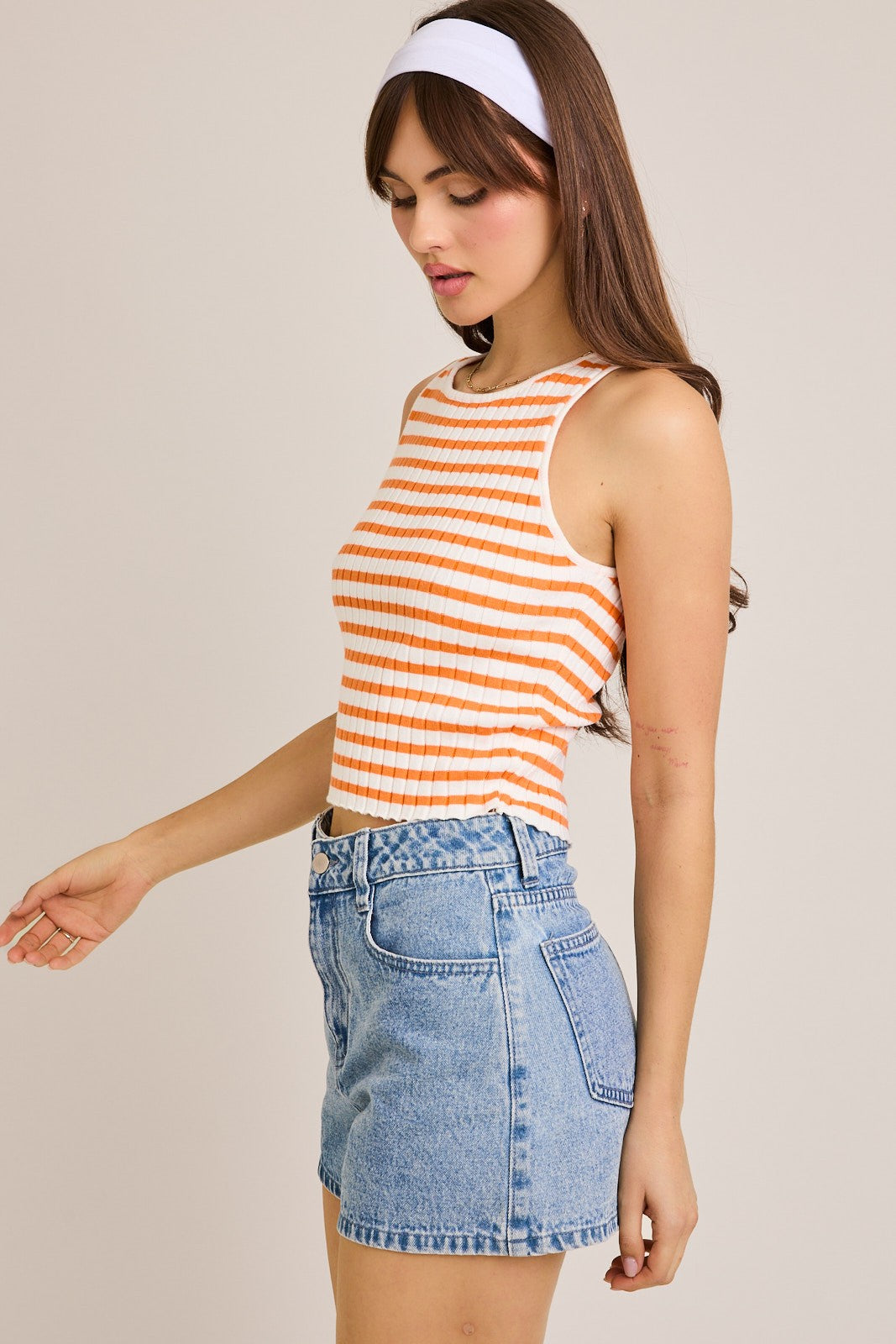 orange and white striped round neck sleeveless rib sweater top