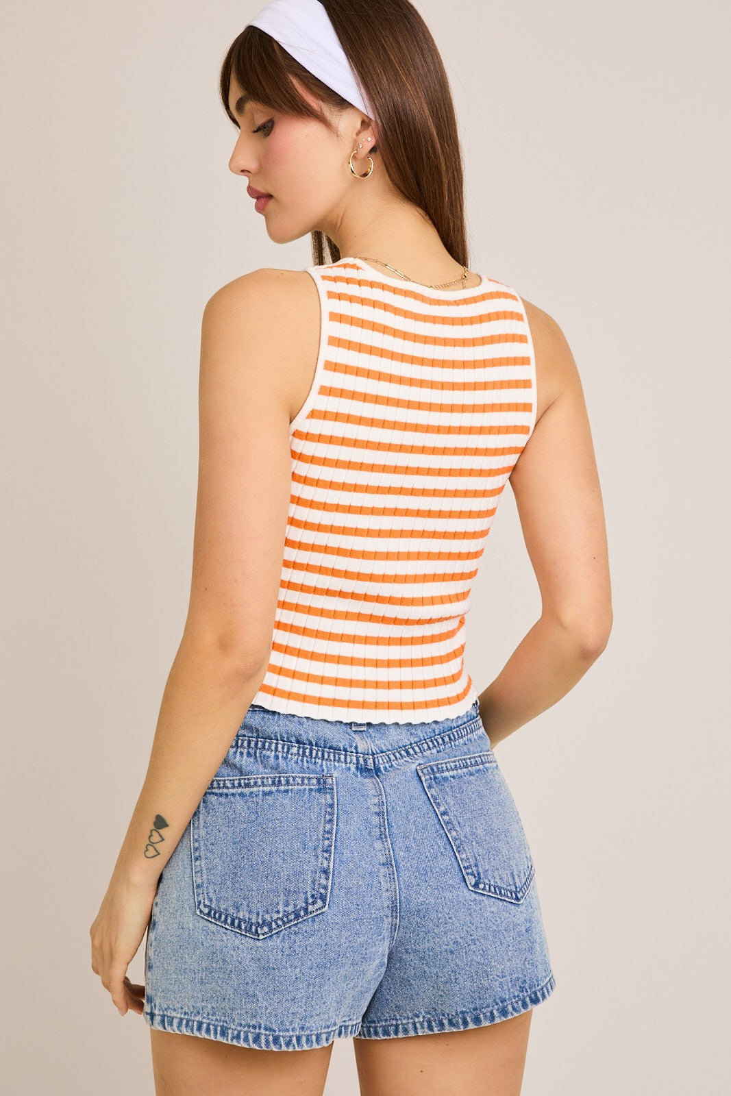 orange and white striped round neck sleeveless rib sweater top