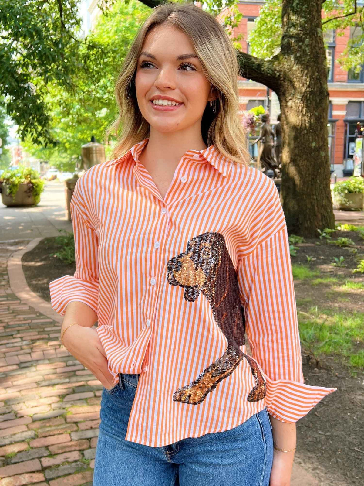 Smokey Spirit Sequin Button Up Shirt Orange