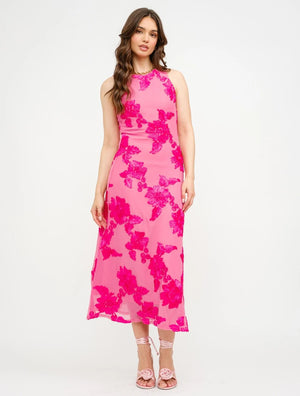 Floral Embroidered Mesh Midi Dress Fuchsia